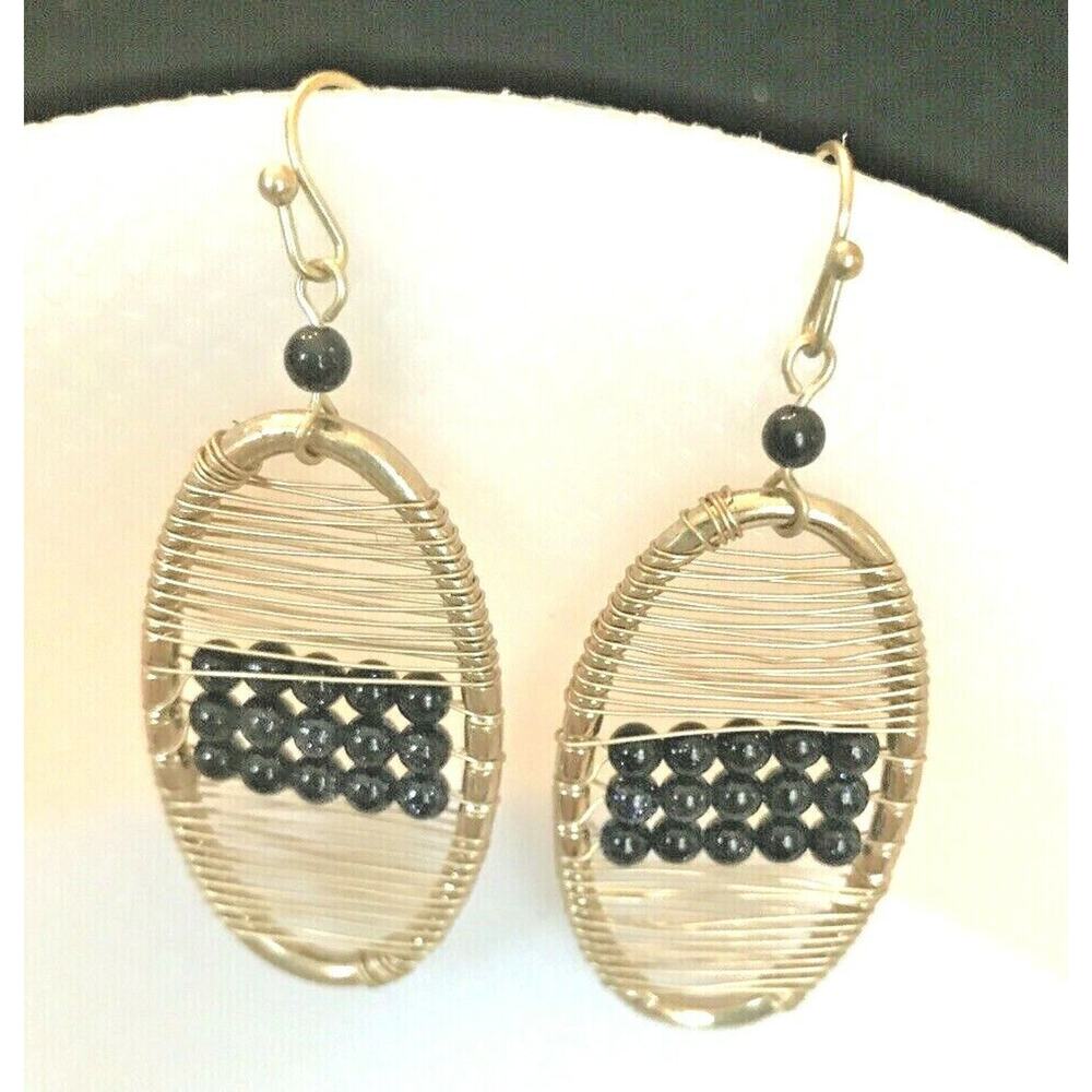 Estate Gold-Tone‎ Metal Work Small Black Bead Oval 1 1 1/2" Earrings Wire Hook